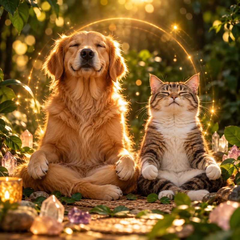 Cachorro e gato meditando juntos, rodeados de cristais e luz dourada